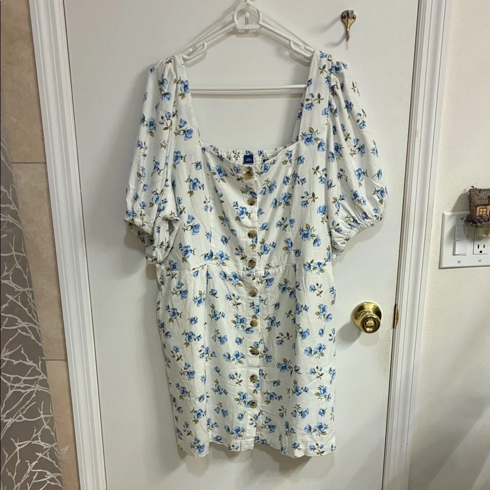 NWT Old Navy White Mini Dress with Blue Floral Print Sz XXLP-Linen Blend
